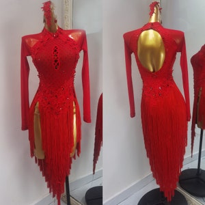 Rote Fransen & Applikation mit offenem Rücken Latein Kleid rhytmus Kleid L0022A