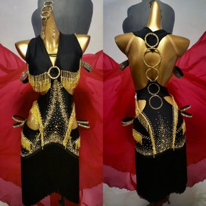 Black Latin Dress with Golden Beaded Fringe and Rings on Back L0126