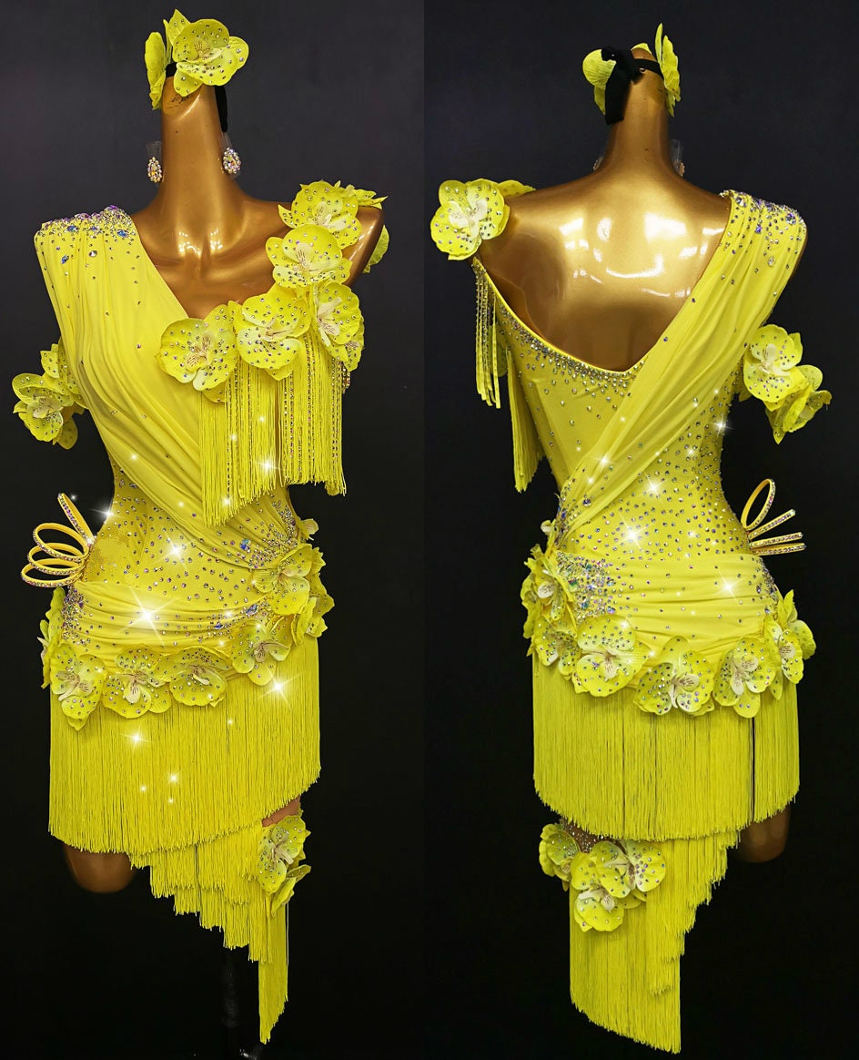 Petals and Fringe Latin Dance Dress Yellow Rhythm Dress White - Etsy