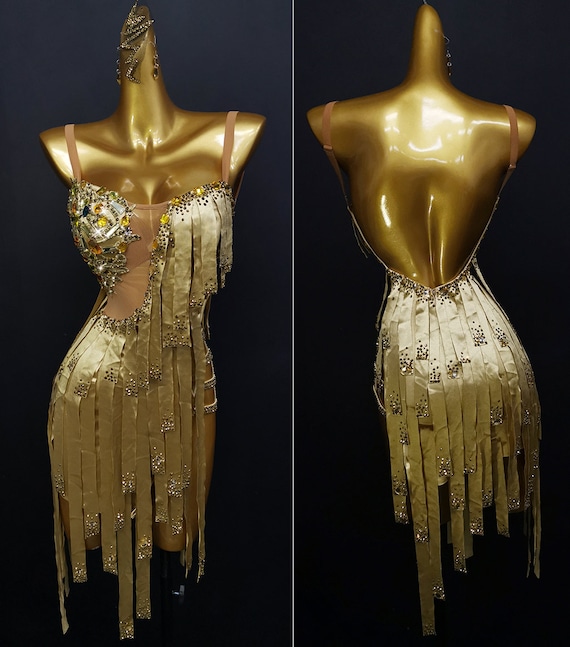 Champagne Gold Fringe Latin Dress Rhythm Dress L0073 Australia