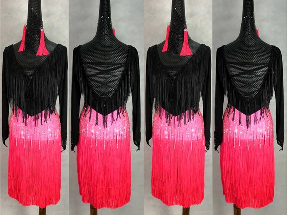 Black and Rosy Pink Fringe Latin Dance Dress Rhythm Dress