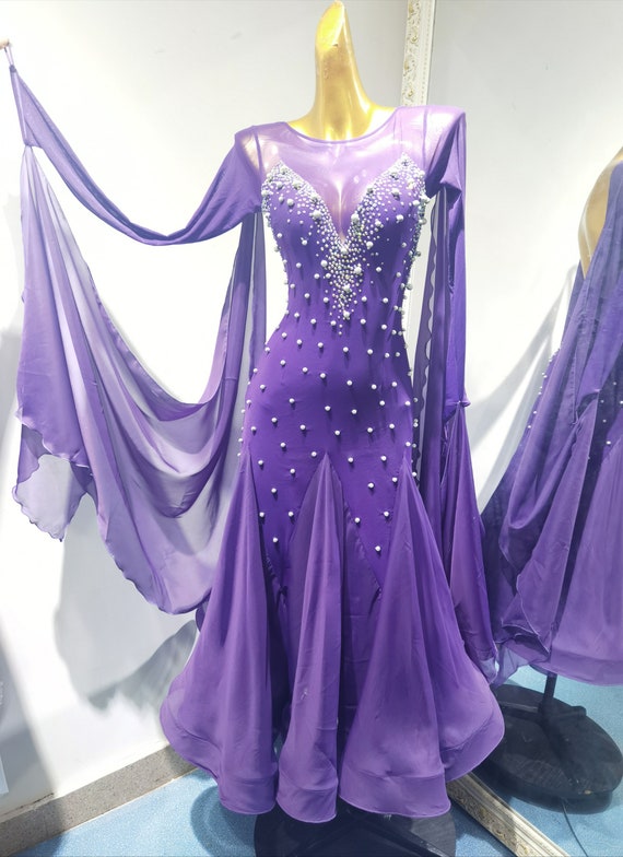 Purple Ballroom Smooth Dress with Crystals and Pearls Smooth Dress Standard Dress B0110