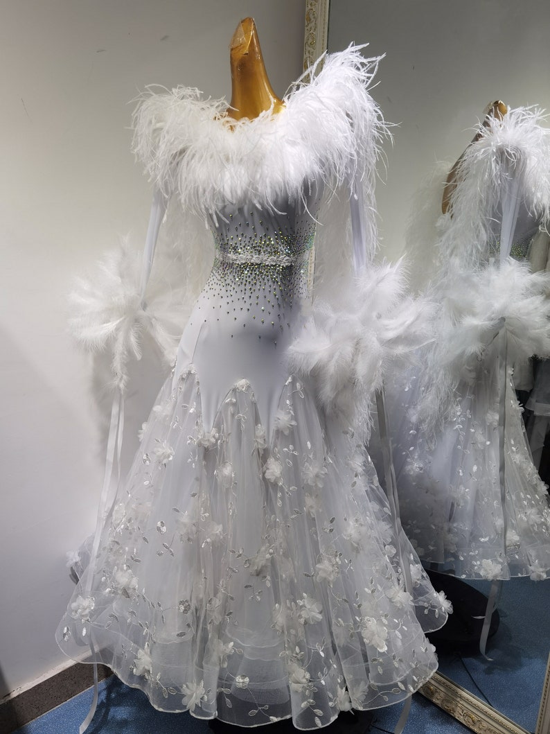 White Ballroom Dress With Feathers and Floral Skirt White Smooth Dress ...