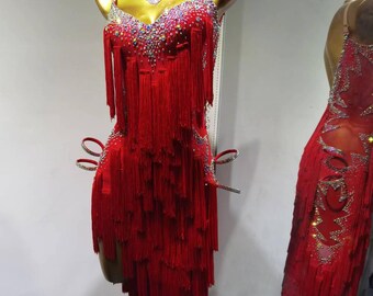 レッドフリンジラテンダンスドレス フリンジリズムドレス L0009B