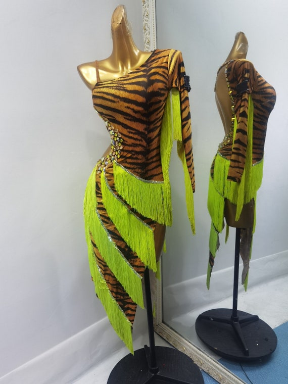 Leopard Latin Dress with Neon Fringe L0139