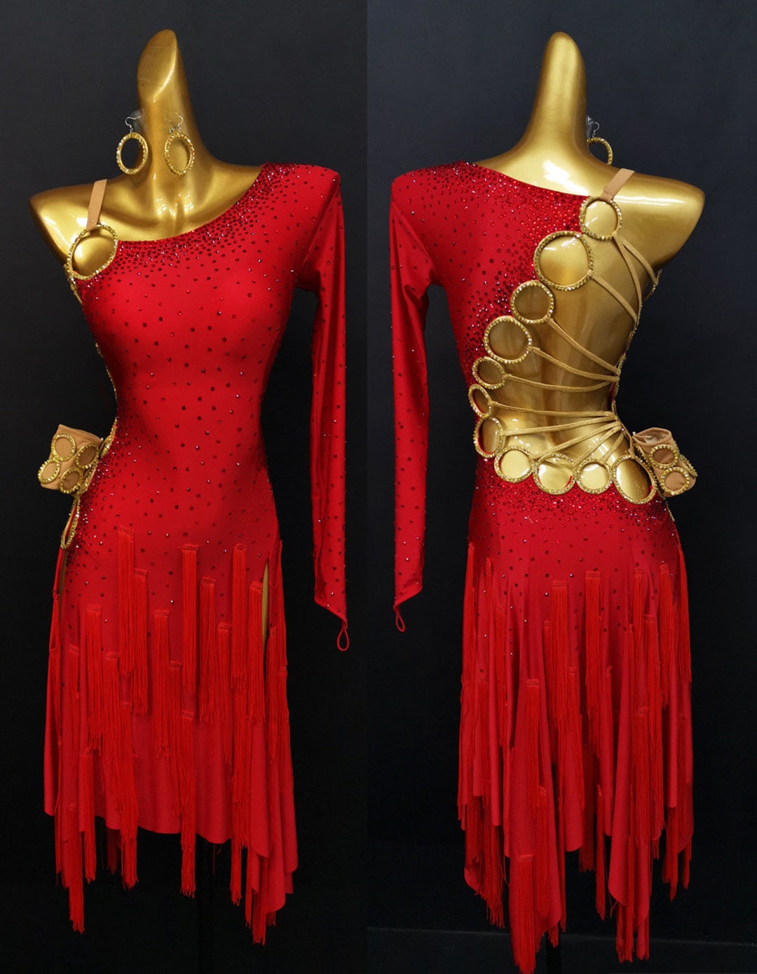 Gold Tassels with Appliques Beads Latin Rhythm Competition Dance Dress