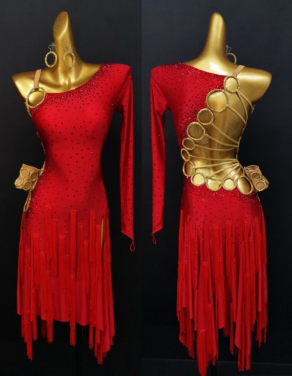 Red Latin Dance Dress With Fringe and Rings Red Rhythm Dress With Open Back  L0004 -  Canada