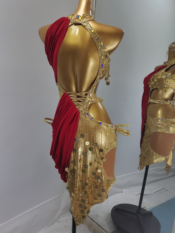 Red & Gold Latin Dance Dress with Penny Sequins Rhythm Dance Dress L0001
