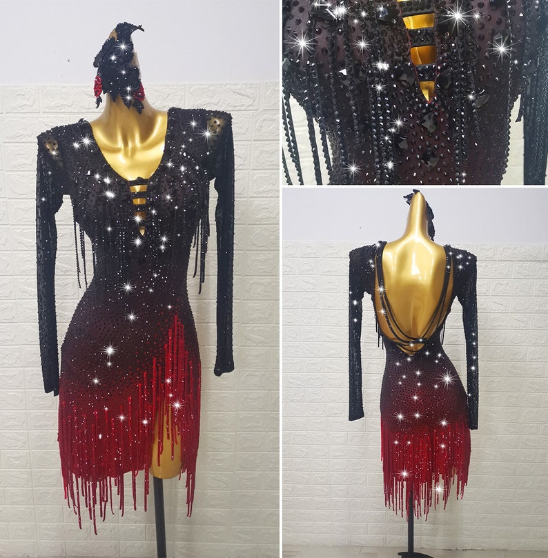 Ombre Black and Red Latin Dress Full of Stones Ombre Fringe Rhythm ...