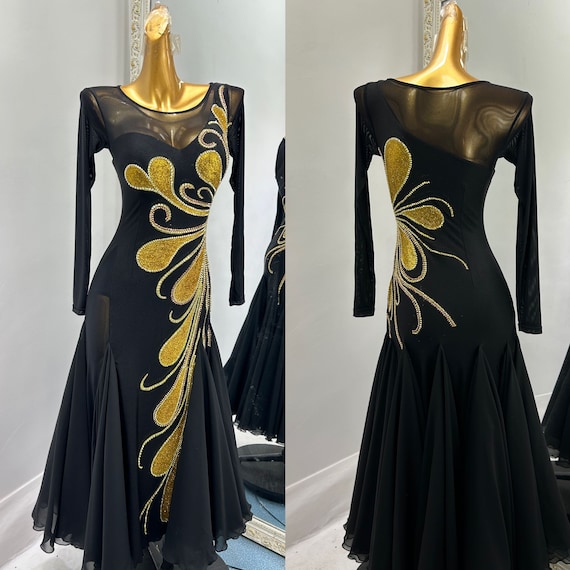 Black Smooth Dress With Golden Floral Patterns Ballroom Dress Standard Dress B0132 - Etsy Israel Black Smooth Dress With Golden Floral Patterns Ballroom Dress Standard Dress B0132 - Etsy Israel