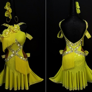 Yellow Flowers and Fringe Latin Dress Rhythm Dress Floral Latin Dress L0107