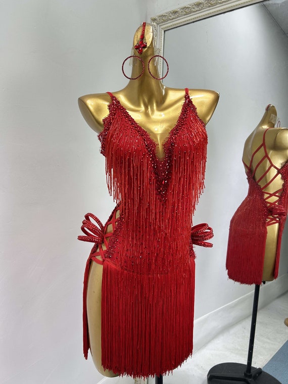 Red Latin Dance Dress with Beads and Cross Back Design Red Rhythm Dress L0146 Red Latin Dance Dress with Beads and Cross Back Design Red Rhythm Dress L0146