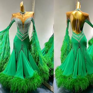 Green Ballroom Dress with Ostrich Feather and Crystals Green Smooth Dress Standard Dress B0122