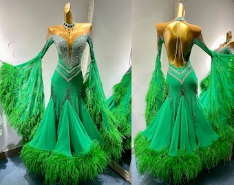 Green Ballroom Dress with Ostrich Feather and Crystals Green Smooth Dress Standard Dress B0122