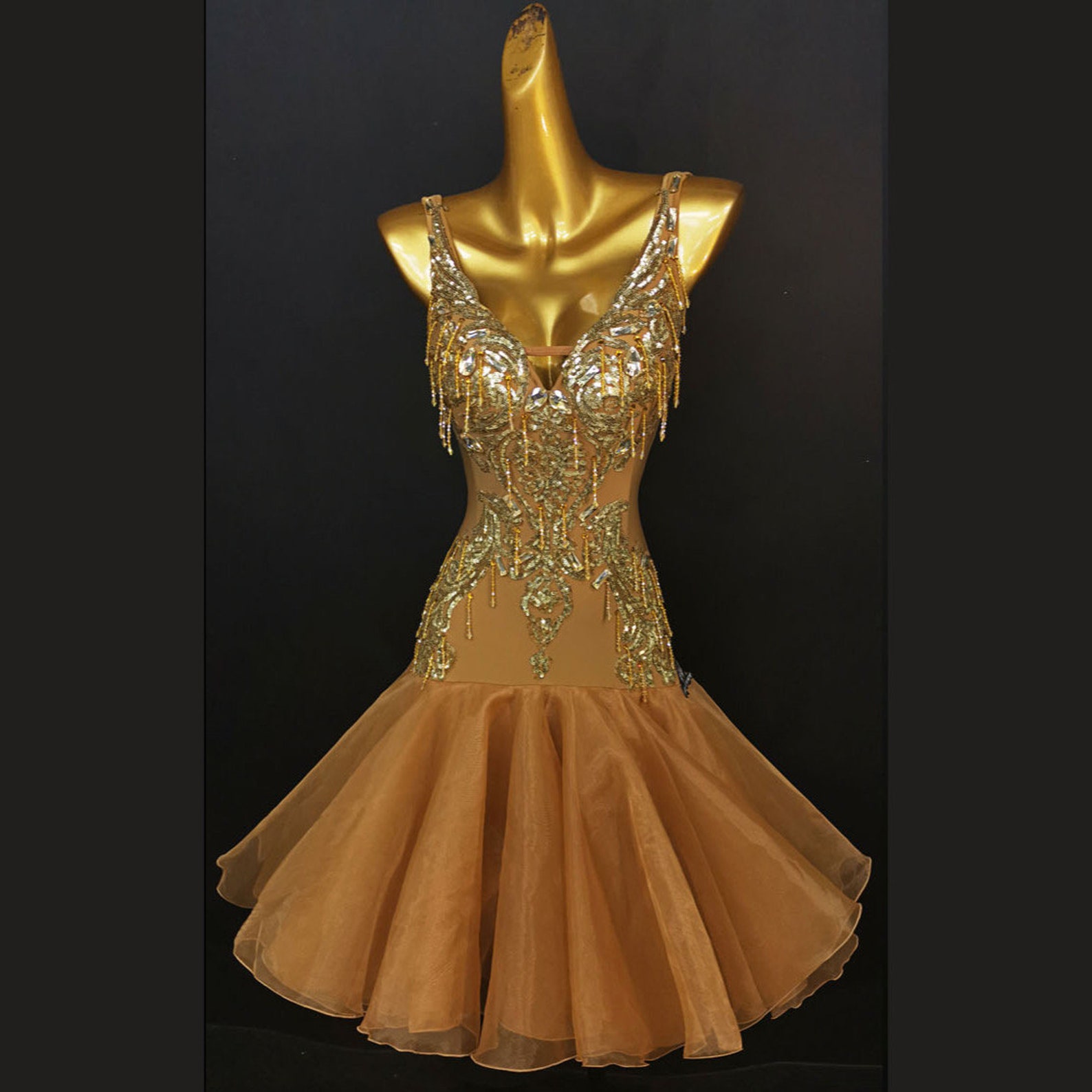 Bronze Latin Dress Embroidered With Sequins Beads Bronze Rhythm Dress L0008 Etsy