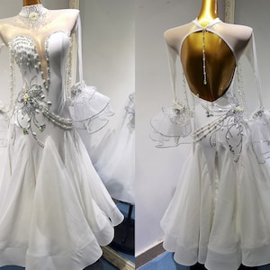 White Ballroom Dress with Flare Floats Floral Pattern with Pearls White Smooth Dress Standard Dress Wedding Dance Dress B0116
