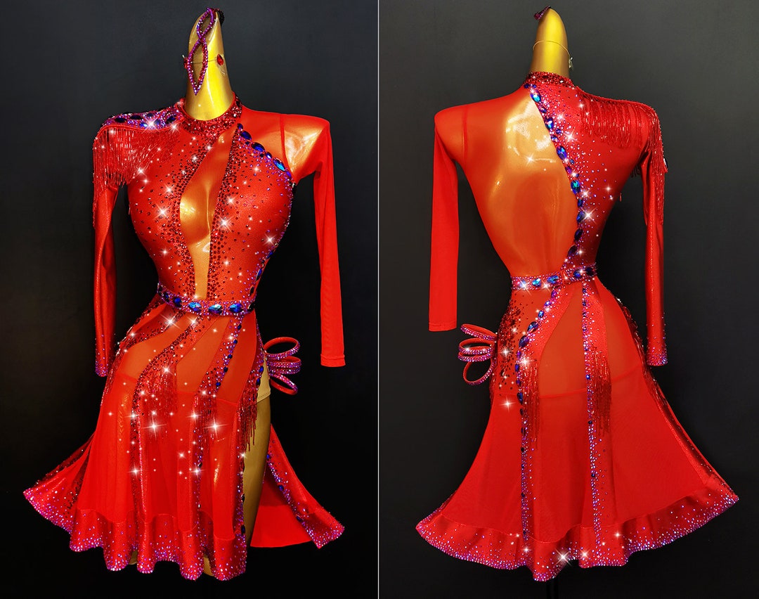 Red Stretch Net Latin Dance Dress With Front Slit Rhythm Dress - Etsy