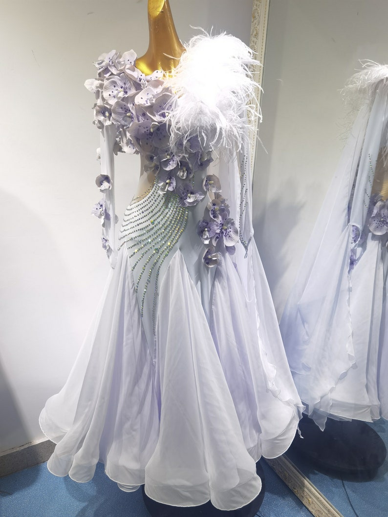 White Ballroom Dress With Flowers and Feathers White Smooth Dress ...