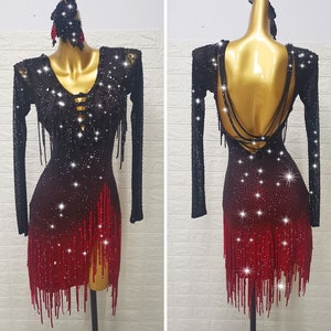 Ombre Black and Red Latin Dress Full of Stones Ombre Fringe Rhythm Dress L0101