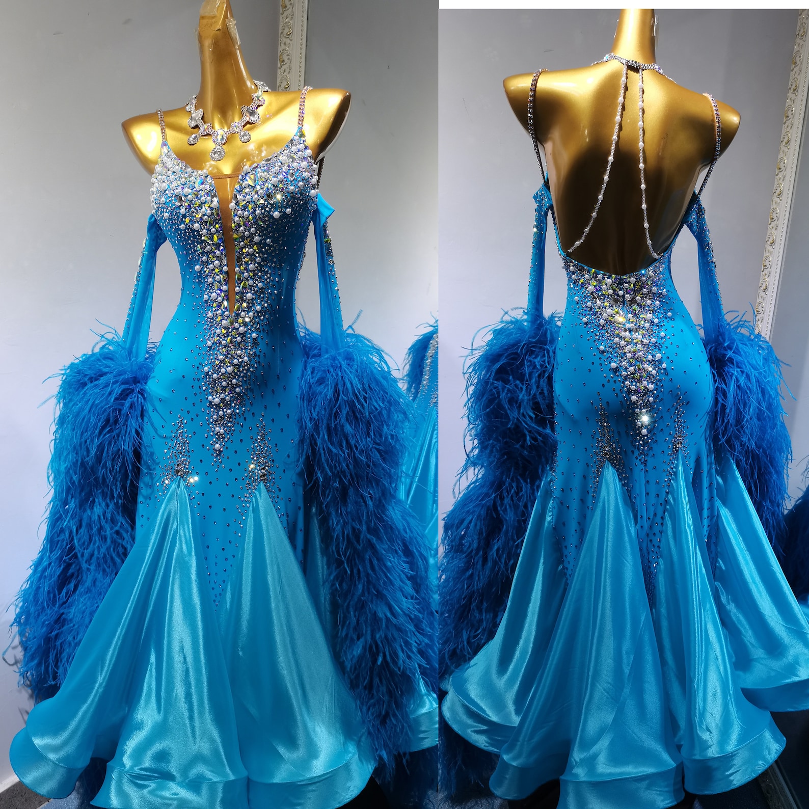 Blue Ballroom Dress with Feathers-Princess