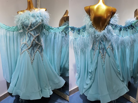 Blue Feather Ballroom Dress Smooth Dress Standard Dress With Pearls and Feathers B0108 Etsy Canada