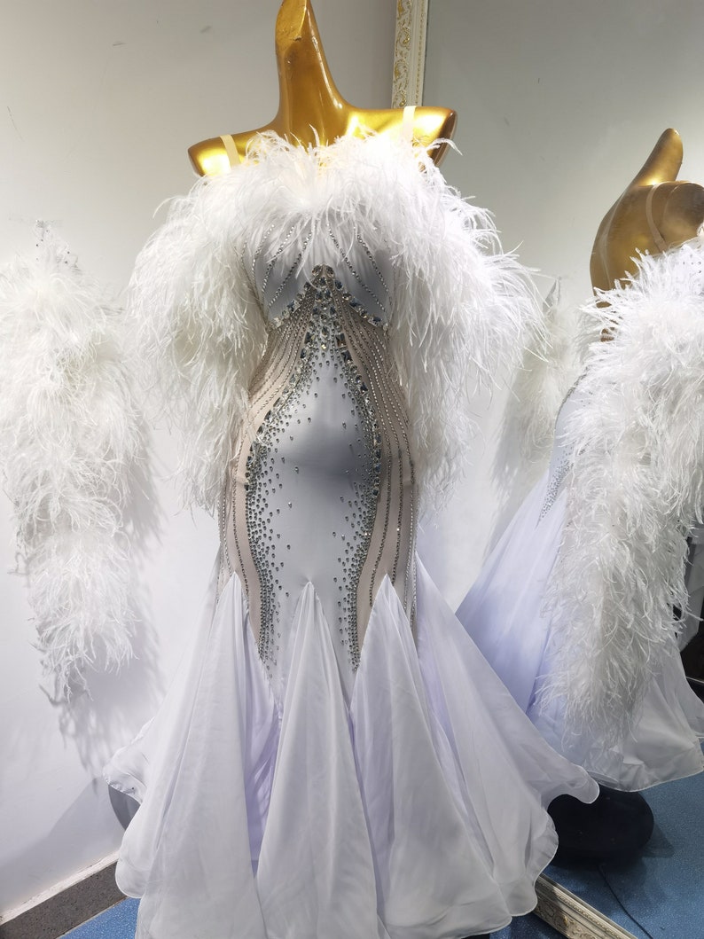 White Ballroom Dress With Feather and Crystals Hip Wrap Smooth Dress ...