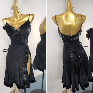 Velvet Black Leopard Latin Dress with Appliqués and Crystals L0109