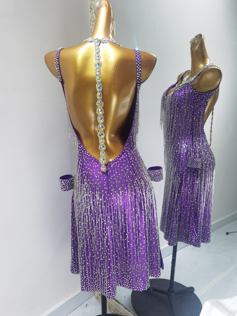 Purple Latin Dance Dress With Silver Fringe Rhythm Dance Dress Silver ...