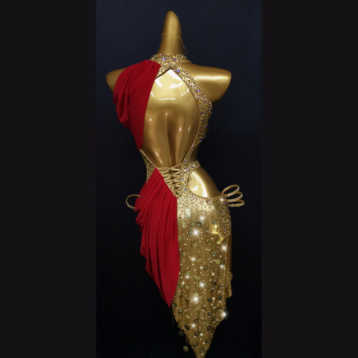 Red & Gold Latin Dance Dress with Penny Sequins Rhythm Dance Dress L0001