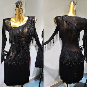 Black Beaded Fringe Latin Dress Black Mesh Rhythm Dress L0154