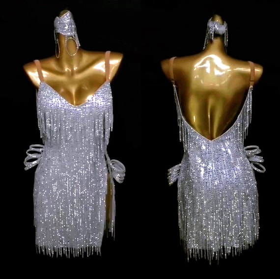 silver latin dress Silver Sparkling Latin Dress Full of Stones Silver Rhythm Dress Fringe Latin  Dress Fringe Rhythm Dress L0047
