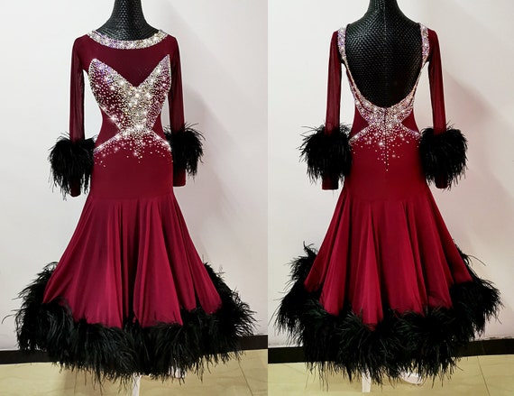 Burgundy Ballroom Dress Smooth Dress With Feathers B0095 - Etsy