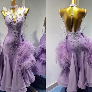 Purple Ballroom Smooth Dress with Feathers and Back Chains Smooth Dress Standard Dress B0114
