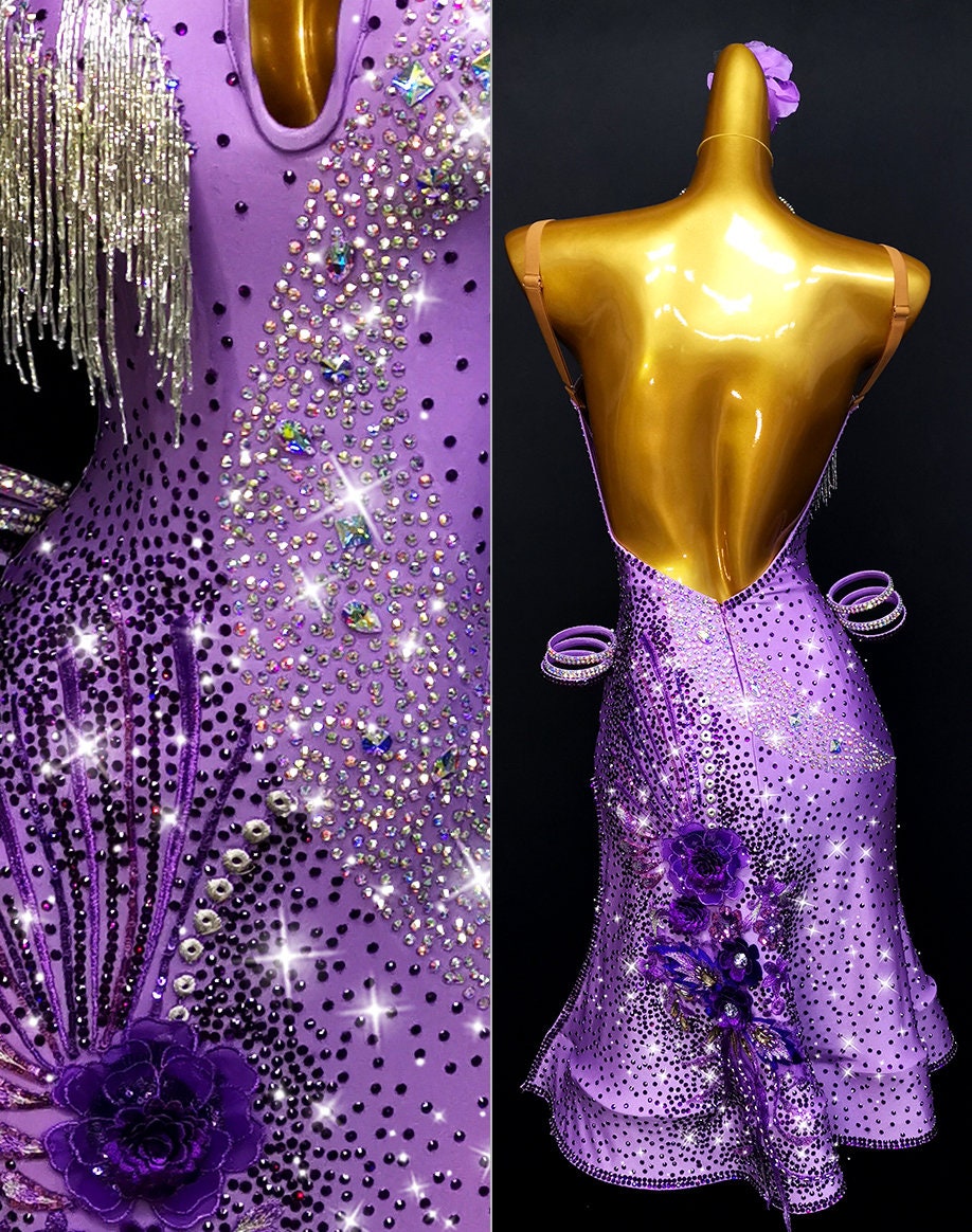 Purple Latin Dance Dress With Petals and Beaded Fringe Purple Rhythm ...