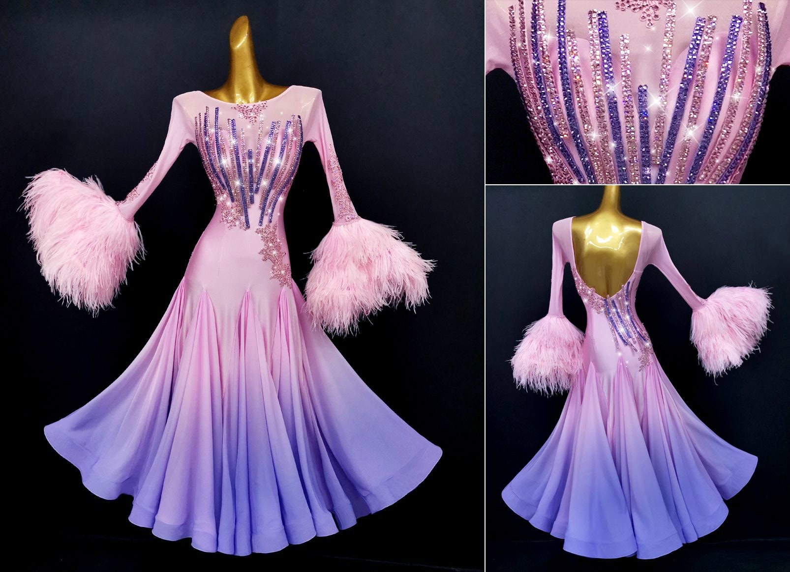 Gradient Pink and Purple Ballroom Dance Dress with Feathers Ombre Smooth Dress Standard Dress B0062