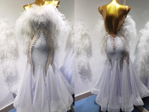 White Ballroom Dress With Feather and Crystals Hip Wrap Smooth Dress  Standard Dress Wedding Dance Dress B0118 - Etsy