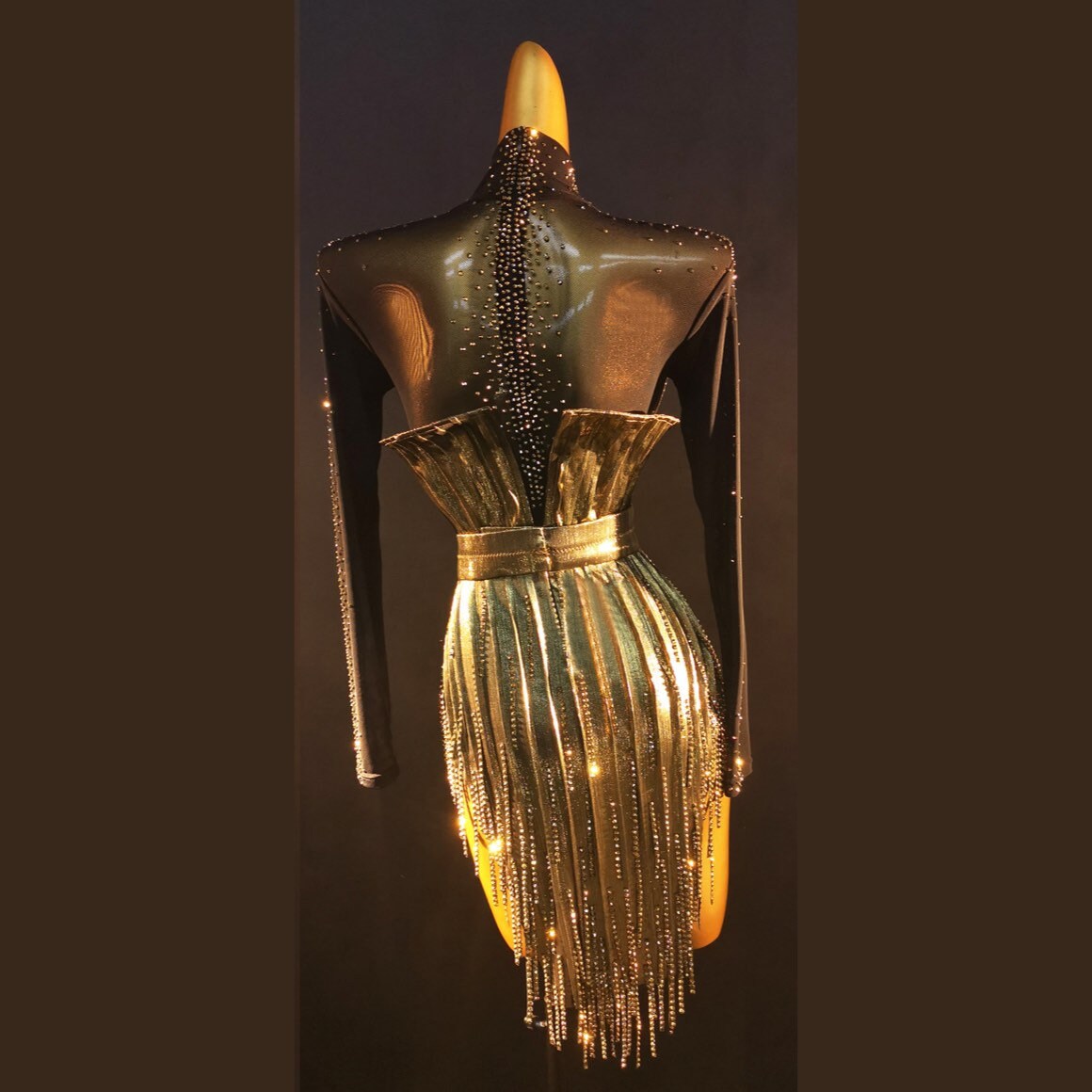Shiny Gold Mesh Latin Dance Dress Rhythm Dress Golden Fringe Latin ...
