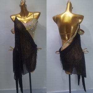 Black Latin Dress with Open Back and Fringe Rhythm Dress L0136