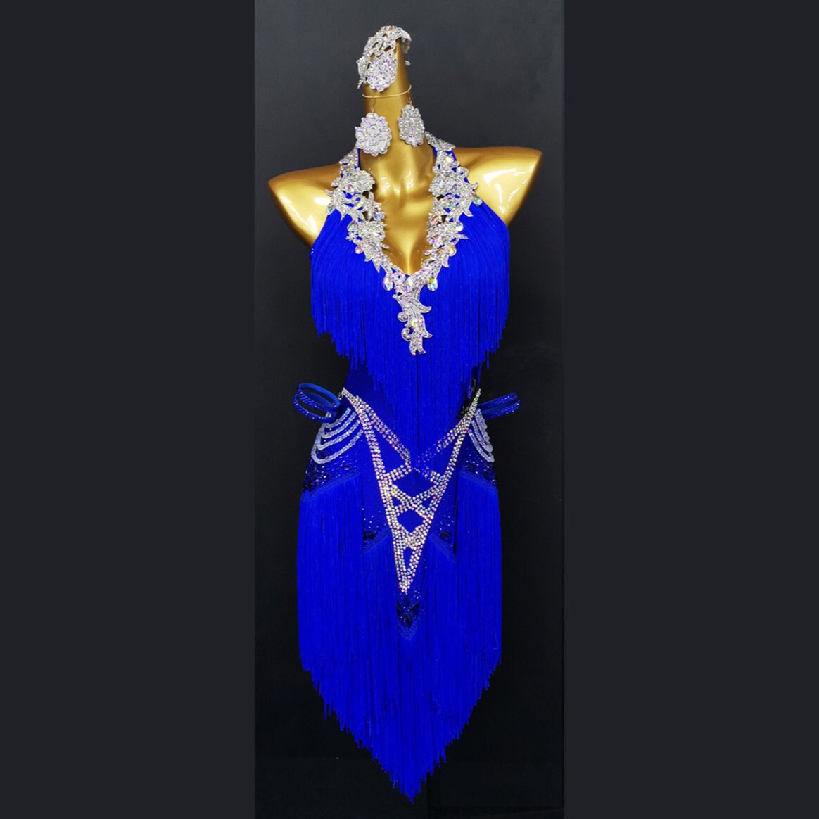 Abito Da Danza Latino ROYAL SMEELA Con Frange E Strass, Collo Halter In Blu – Perfetto Per Salsa, Tango E Samba