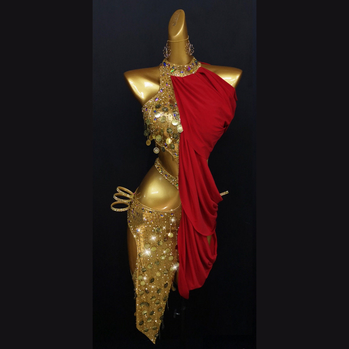 Red & Gold Latin Dance Dress with Penny Sequins Rhythm Dance Dress L0001 Red & Gold Latin Dance Dress with Penny Sequins Rhythm Dance Dress L0001