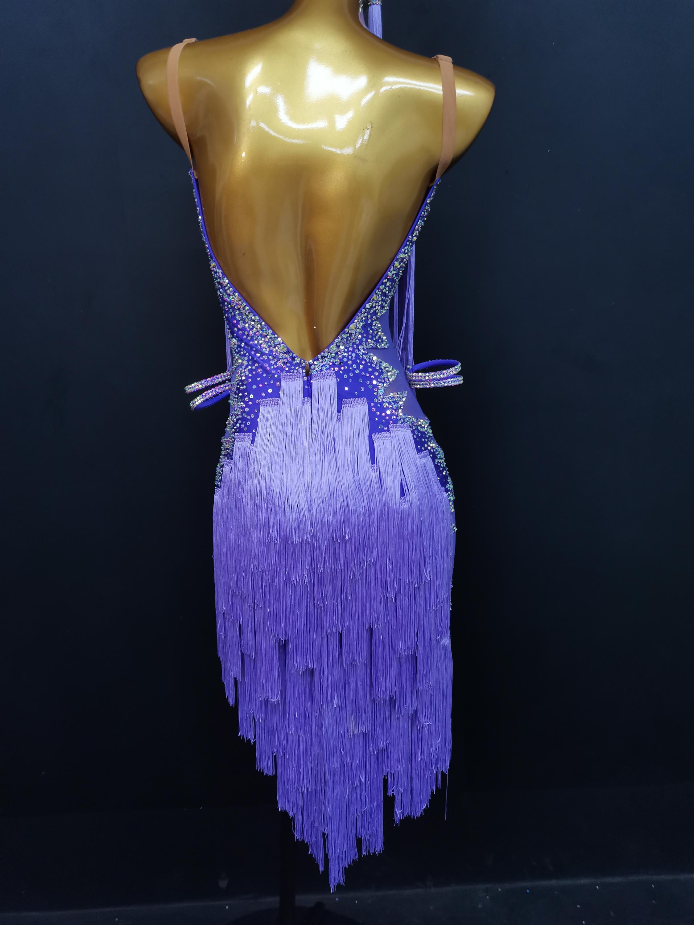 Purple Fringe Latin Dance Dress Fringe Rhythm Dress L0009C