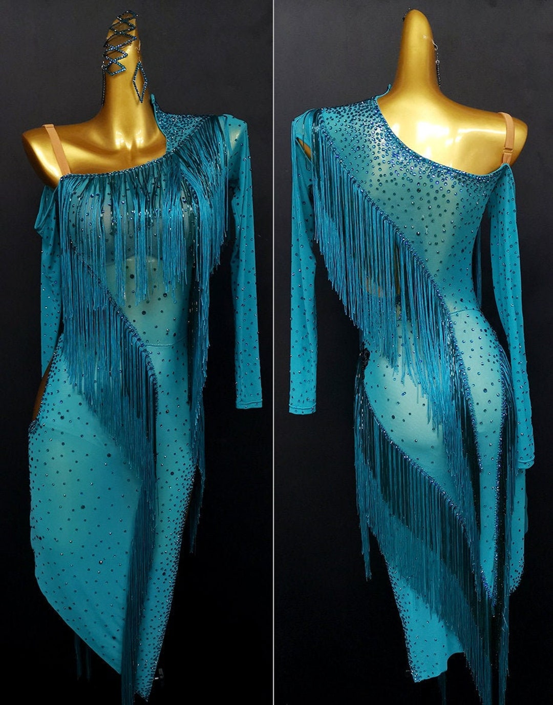 Turquoise Fringe Latin Dance Dress With Beads L0046 - Etsy