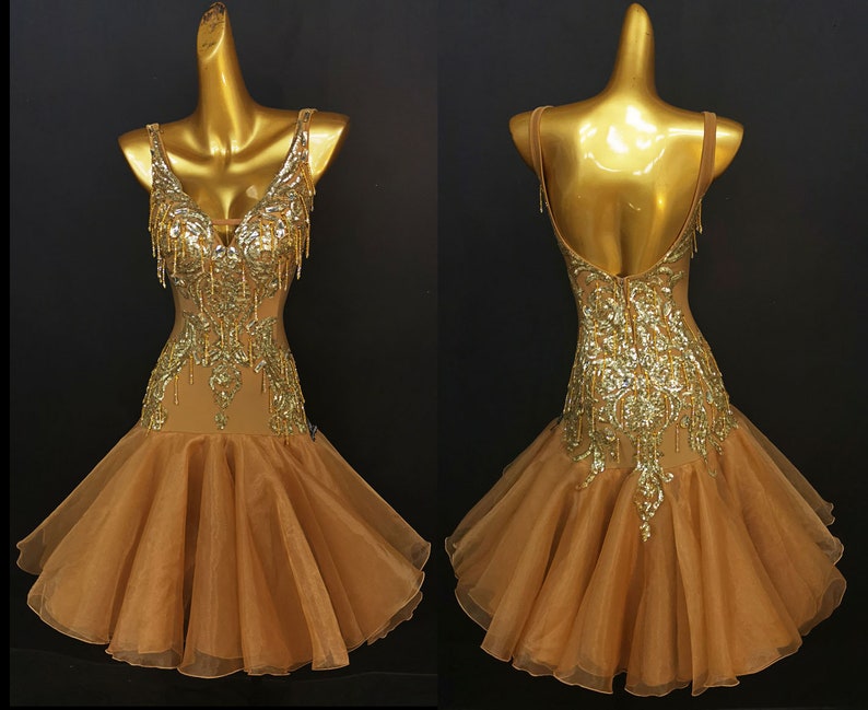 Bronze Latin Dress Embroidered With Sequins Beads Bronze Rhythm Dress L0008 Etsy