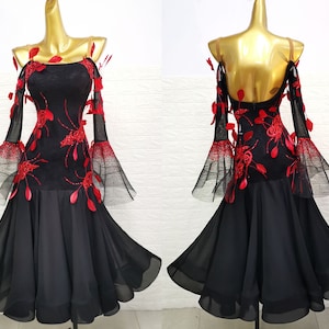 Black Smooth Dress with Red Feathers Black Standard Dress Ballroom Dress B0002