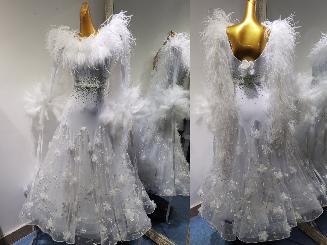 White Ballroom Dress with Feathers-White Swan