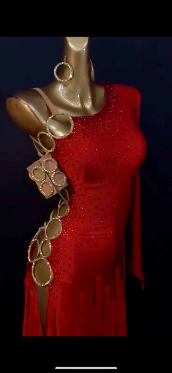 Red Latin Dance Dress With Fringe and Rings Red Rhythm Dress Red Latin Dance Dress With Fringe and Rings Red Rhythm Dress