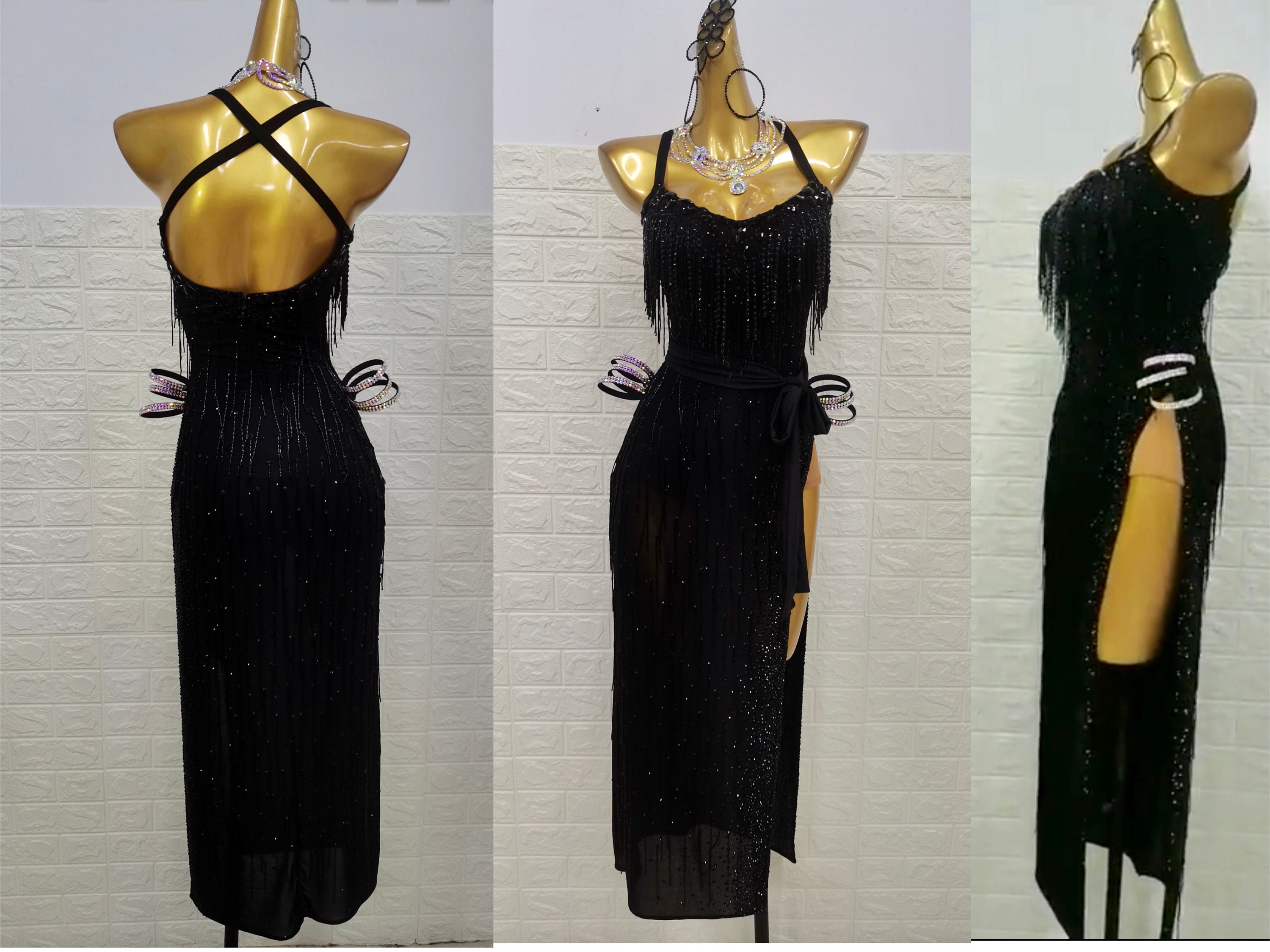 Argentine Tango Dress Sparkling Black Latin Dress Rhythm Dress L0034