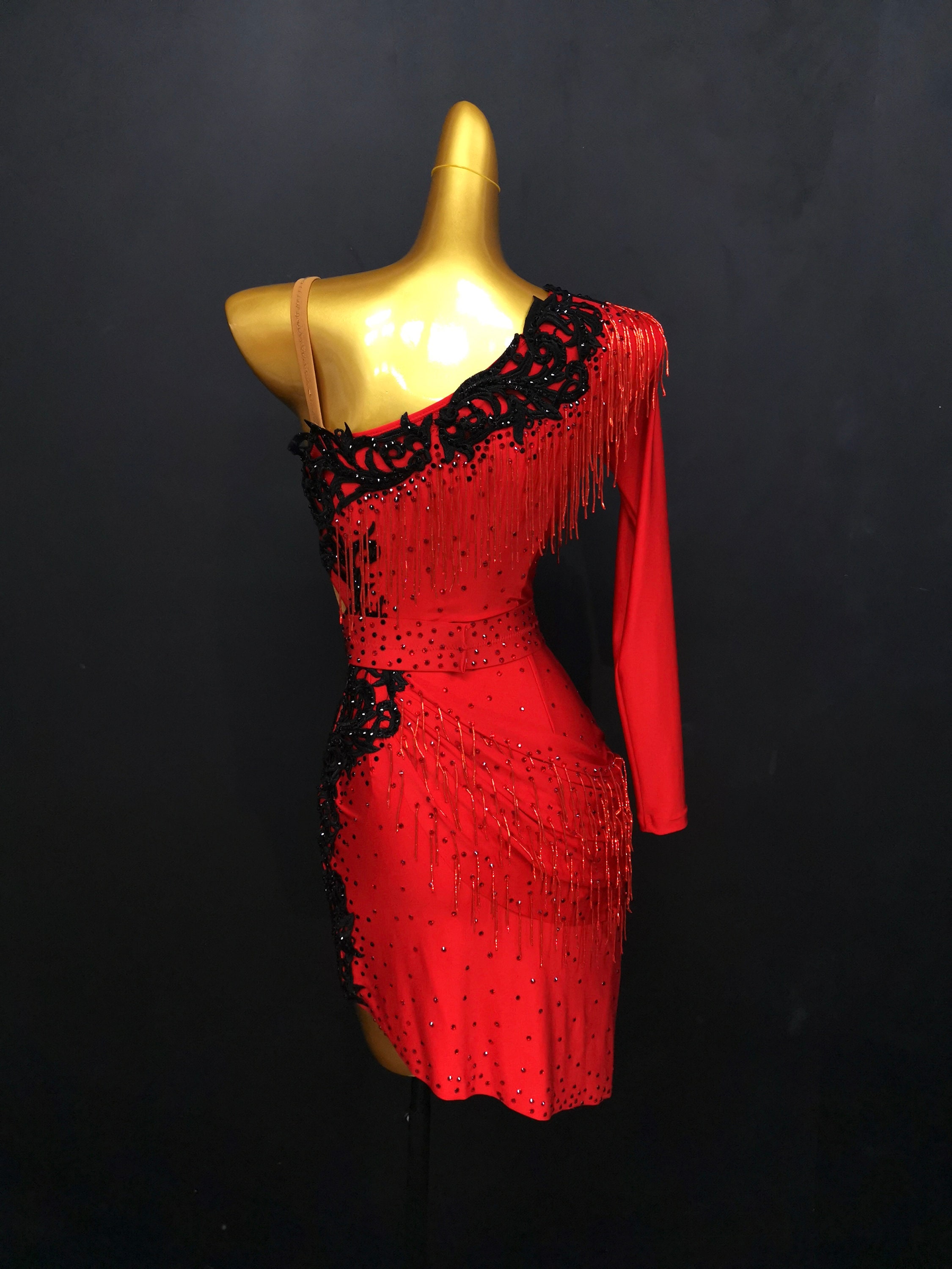 Red Latin Dance Dress With Beads and Black Lace Applique Red - Etsy