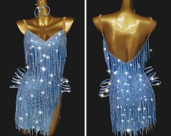Blue Sparkling Latin Dress Full of Stones Light Blue Rhythm Dress Fringe Latin Dress Fringe Rhythm Dress L0047C