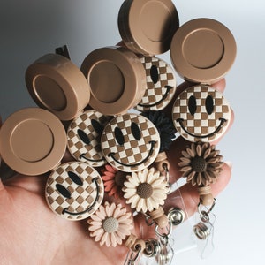 Checkered Smiley Face Badge Reel: Boho Retractable Alligator Clip